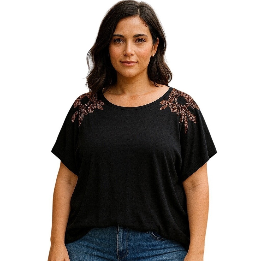Roamans‎ Top Women Plus Size 4X Black Embellished Sequin Floral Short Sleeve